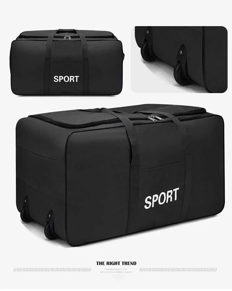 Schwarze, robuste Sport-Duffeltasche in verschiedenen Ansichten.