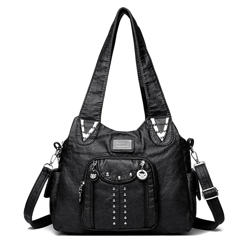 Schwarze Vintage-Weiche PU-Leder-Rucksack mit Lederriemen und silberner Hardware