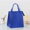 A royal blue insulated tote bag with a handle is displayed on a white surface.