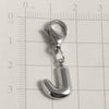 Silver stainless steel alphabet letter charm shaped like the letter J with a lobster clasp