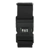 Black adjustable luggage security strap with a plastic buckle and multiple adjustment holes.