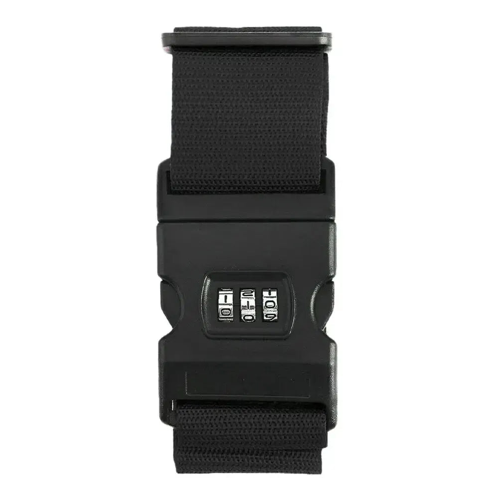 Black adjustable luggage security strap with a plastic buckle and multiple adjustment holes.