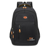 Black unisex double-shoulder travel backpack with orange accents