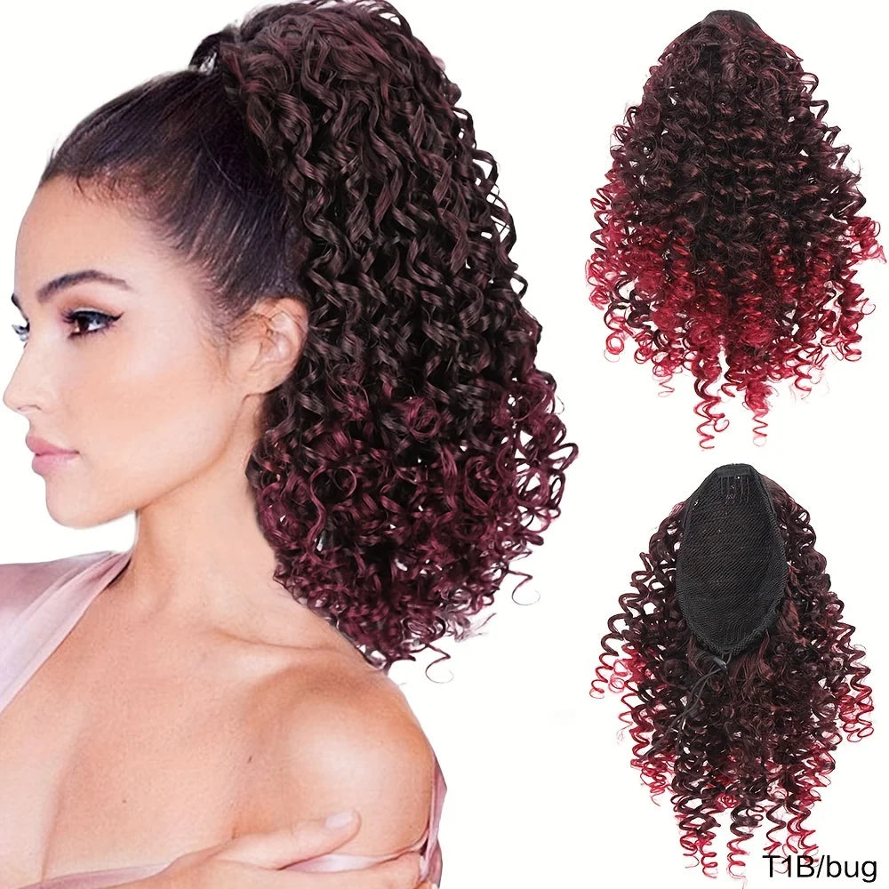 A woman shows off 14-inch kinky curly drawstring hair extensions in a deep burgundy color.