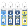 A set of six durable cruise ship luggage tags with steel rings, featuring various shapes and colors.