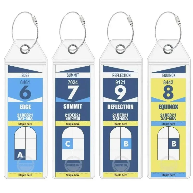 A set of six durable cruise ship luggage tags with steel rings, featuring various shapes and colors.