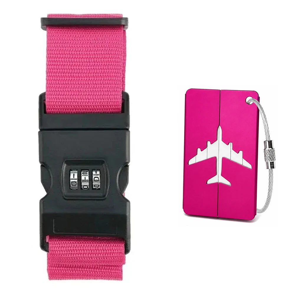 A pink and black adjustable luggage security strap with a quick release buckle.