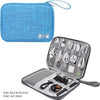 A blue portable digital organizer storage pouch with a clear mesh insert and a zippered compartment.