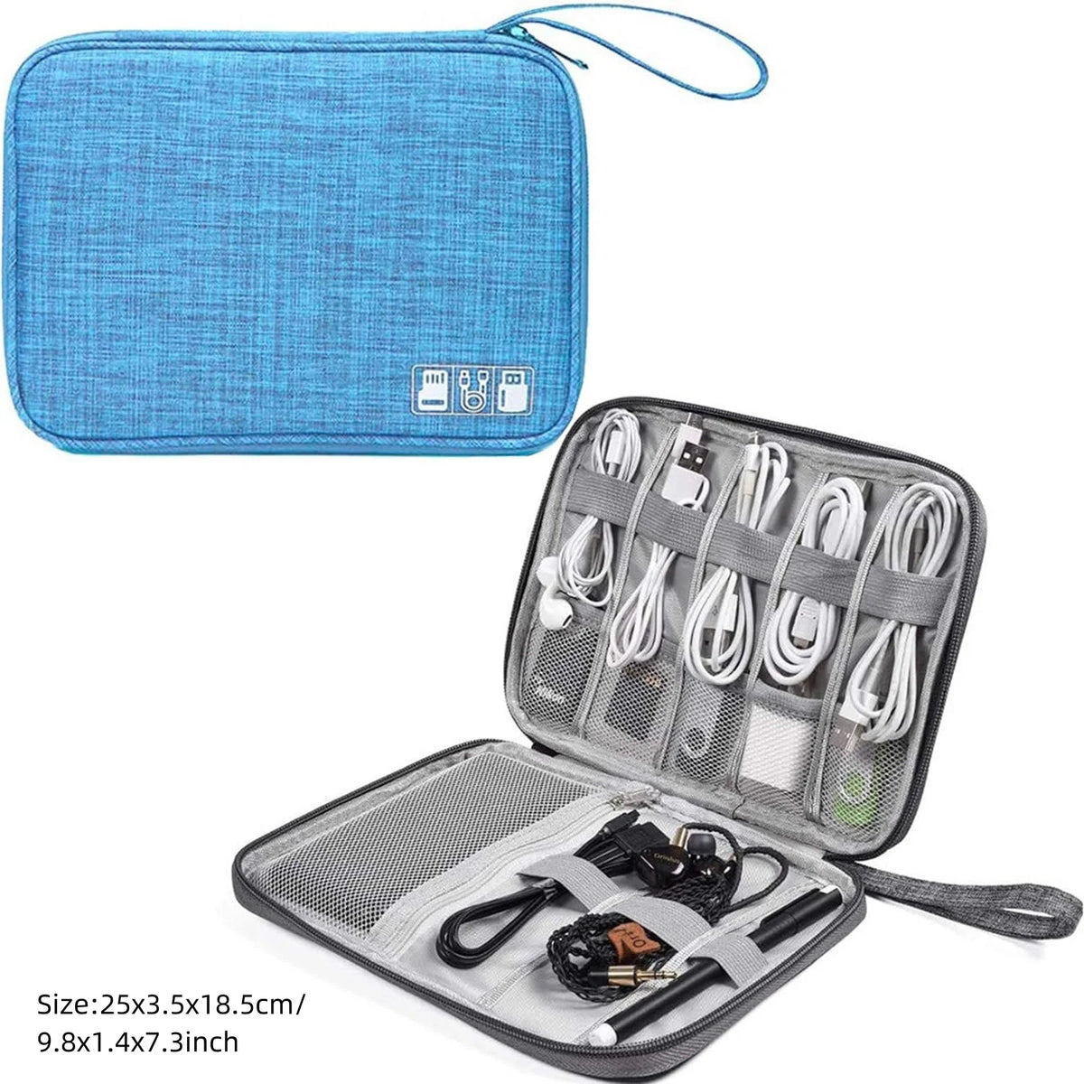 A blue portable digital organizer storage pouch with a clear mesh insert and a zippered compartment.