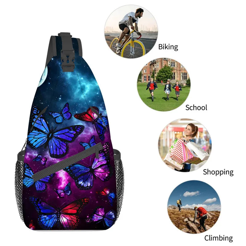 Butterfly cartoon crossbody chest bag featuring various activities like biking, school, shopping, and climbing.