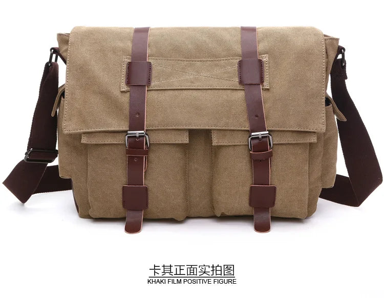 Khaki canvas messenger bag with brown leather straps and buckles