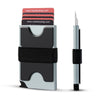 A silver metal pop-up card wallet with a black strap and stacked RFID blocking cards.