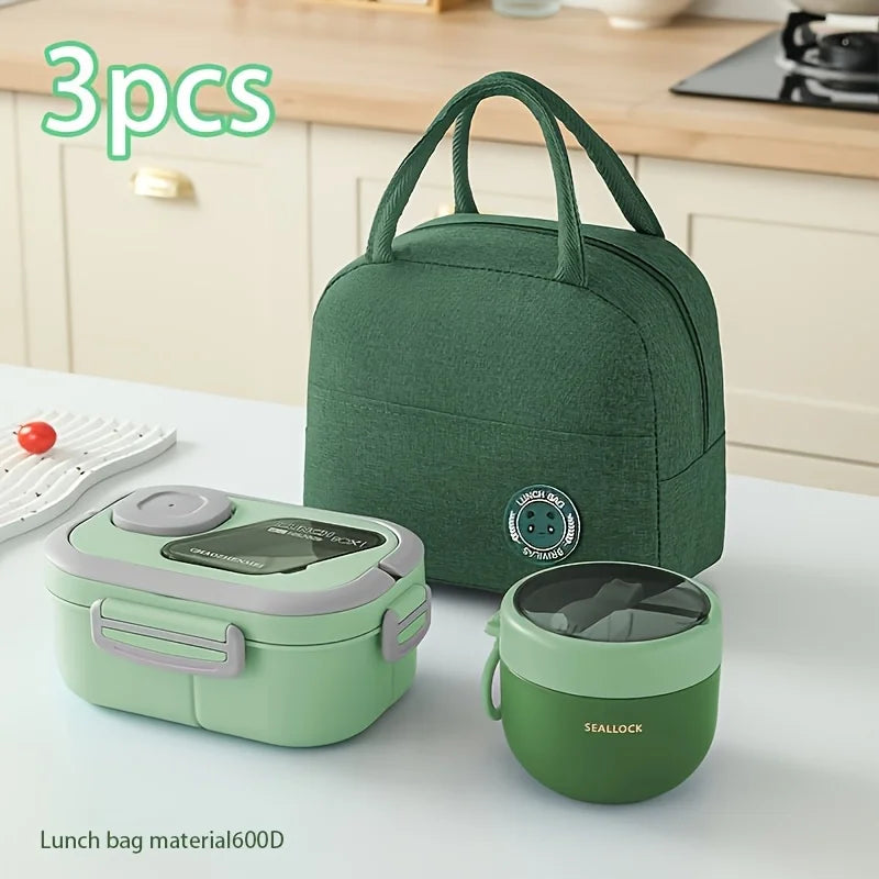 A set of three green insulated lunch bags, including a main bag and two smaller containers, displayed on a white table.