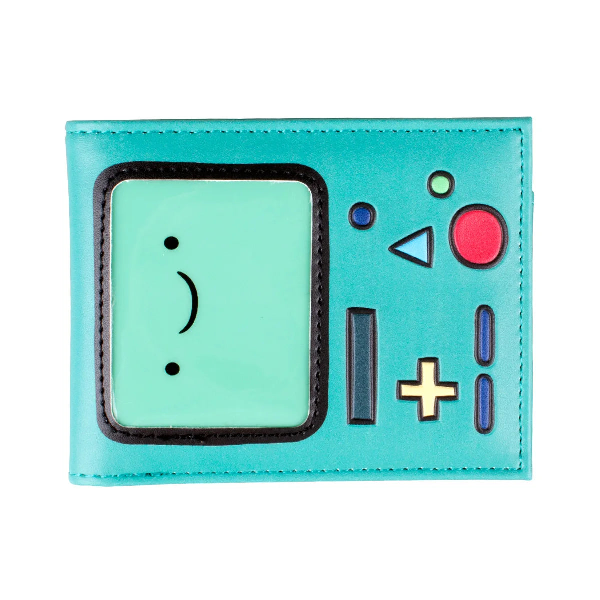 Cartera plegable de juego color verde azulado con pantalla cuadrada y elementos decorativos coloridos.