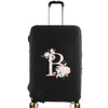 Black luggage with a pink floral letter B design and silver handle