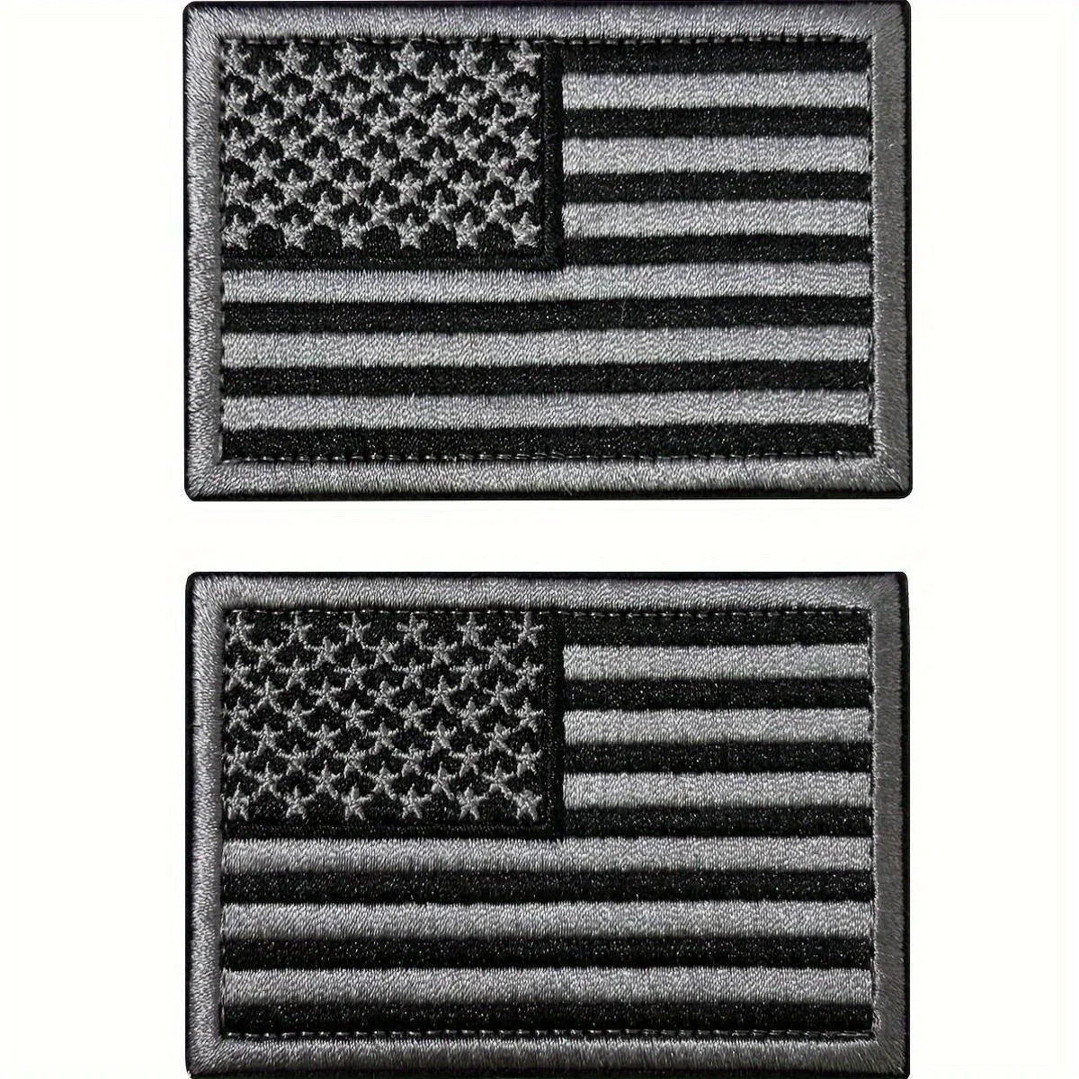 Two black embroidery patches featuring the American flag design.