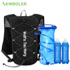 Black Newboler hydration running vest and blue water bottle