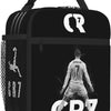 Schwarze wiederverwendbare Oxford-Lunchtasche mit einer Grafik des Gesichts von Cristiano Ronaldo und den Initialen CR7