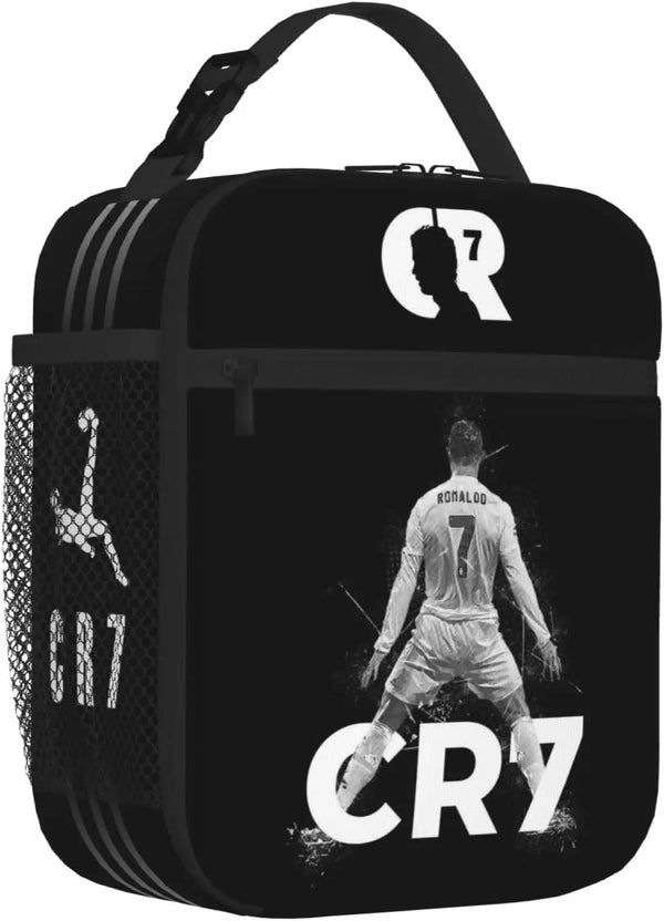 Sac à lunch en tissu oxford noir réutilisable avec le visage de Cristiano Ronaldo et les initiales CR7