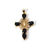 A gold-plated cross and Virgin Mary charm pendant featuring black enamel and cubic zirconia stones.