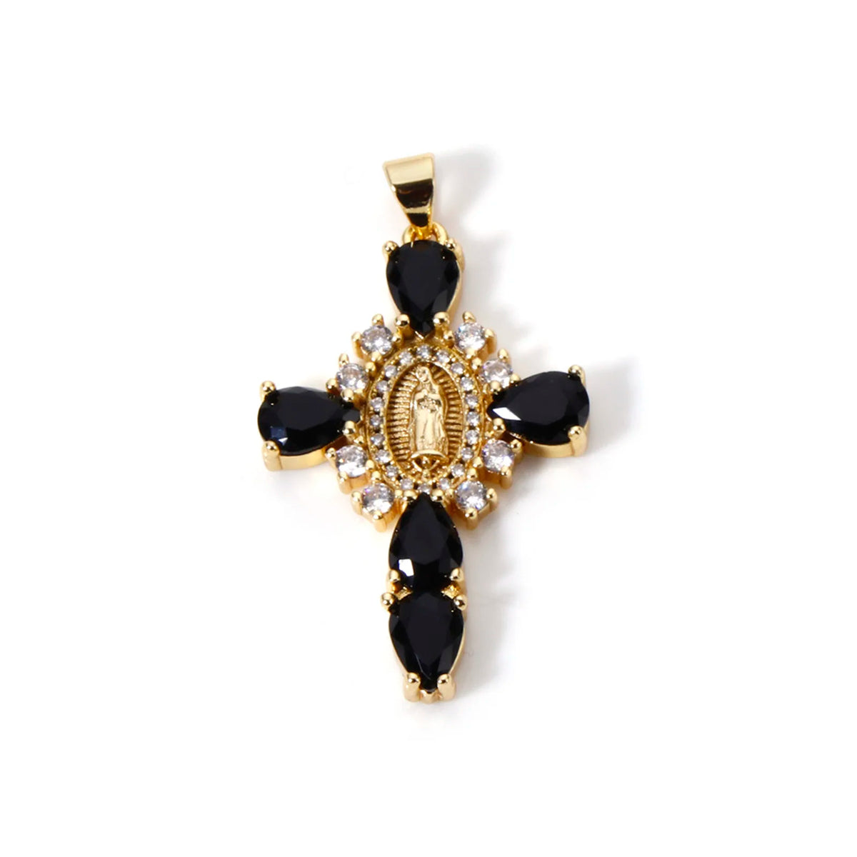 A gold-plated cross and Virgin Mary charm pendant featuring black enamel and cubic zirconia stones.