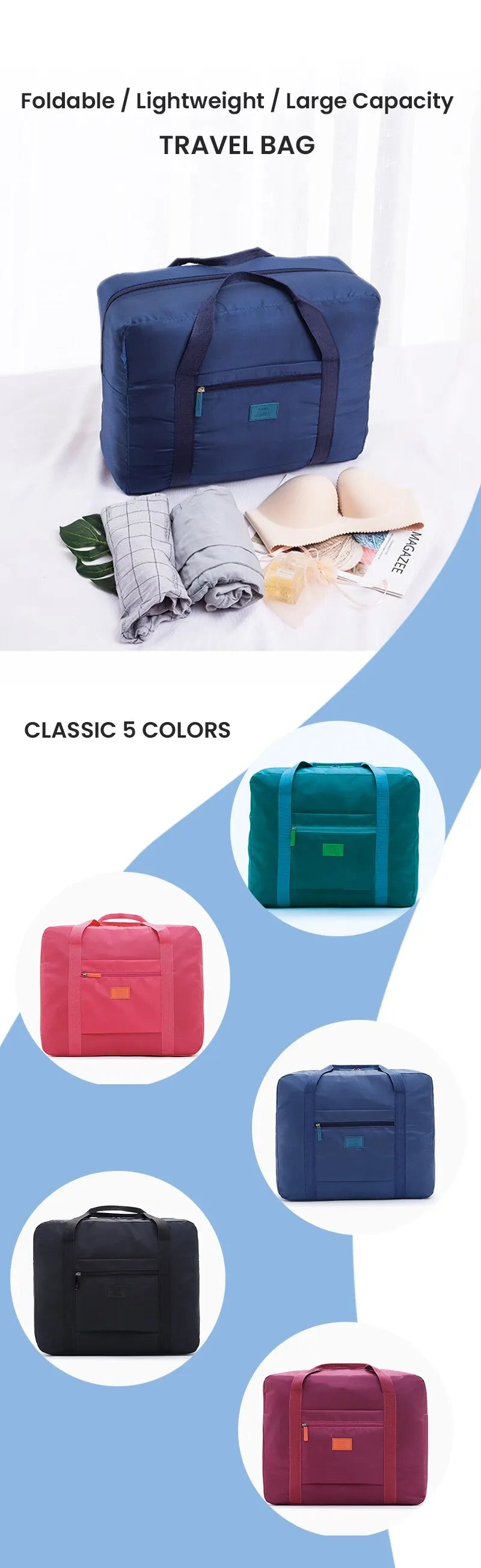 A collection of five colored foldable travel bags, including navy blue, teal, pink, dark blue, and black.
