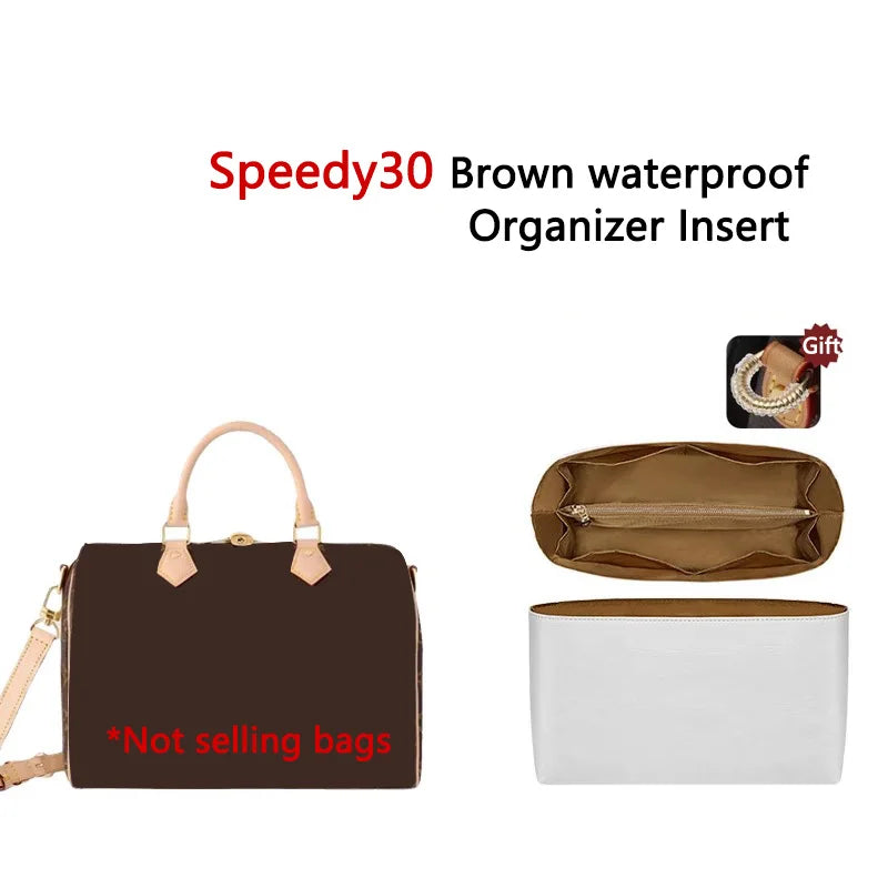 Brown waterproof organizer insert for bags with a cowhide leather replacement shoulder strap
