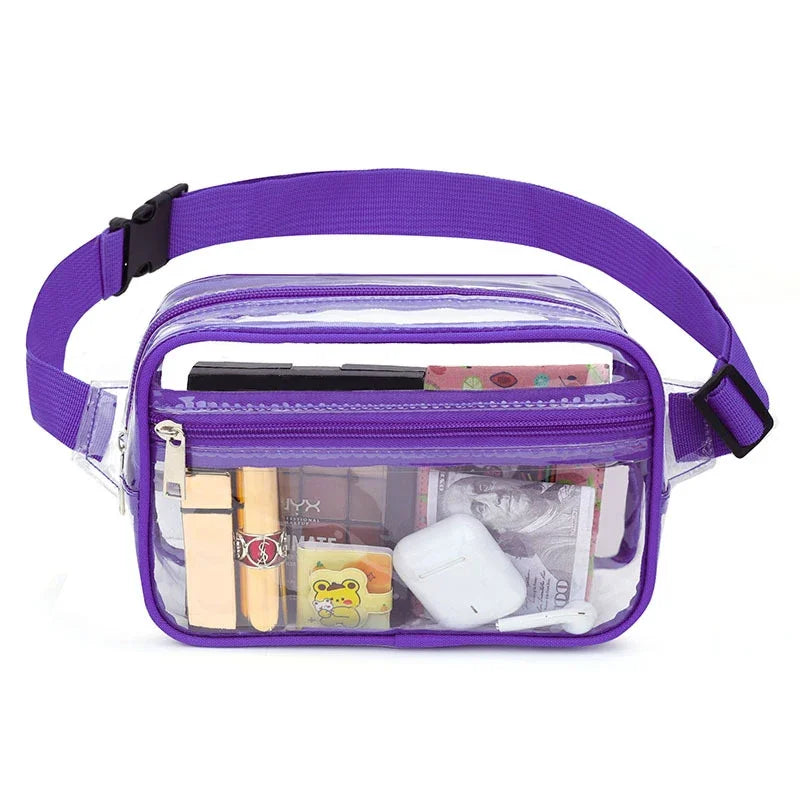A purple clear waist pack with an adjustable strap containing various small items and a power bank.