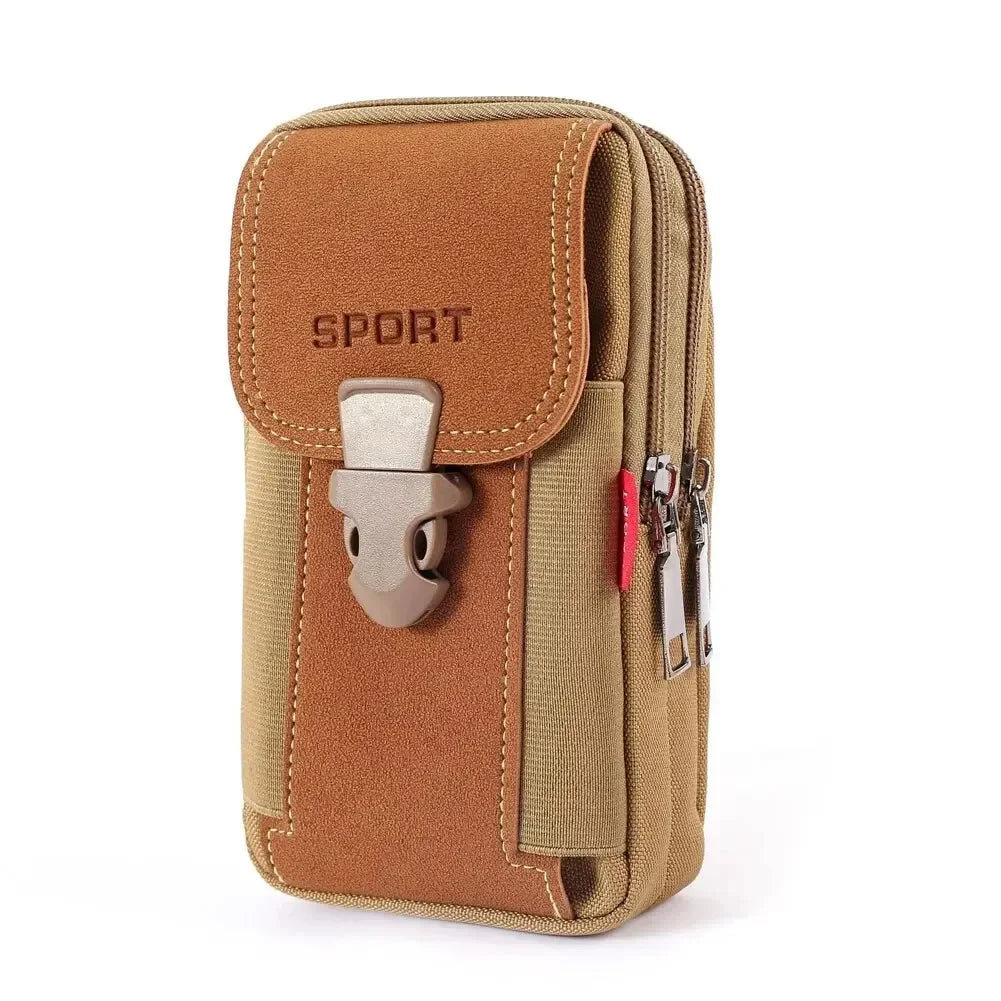 A brown tactical belt pouch with a leather flap and multiple zippered compartments for securing a mobile phone.