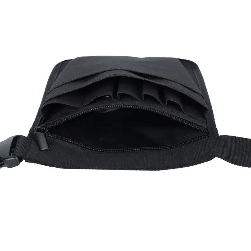 Black nurse organizer belt waist bag with multiple pockets shown from the front.