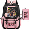 Pink and black canvas backpack featuring a funny print of girls with long hair