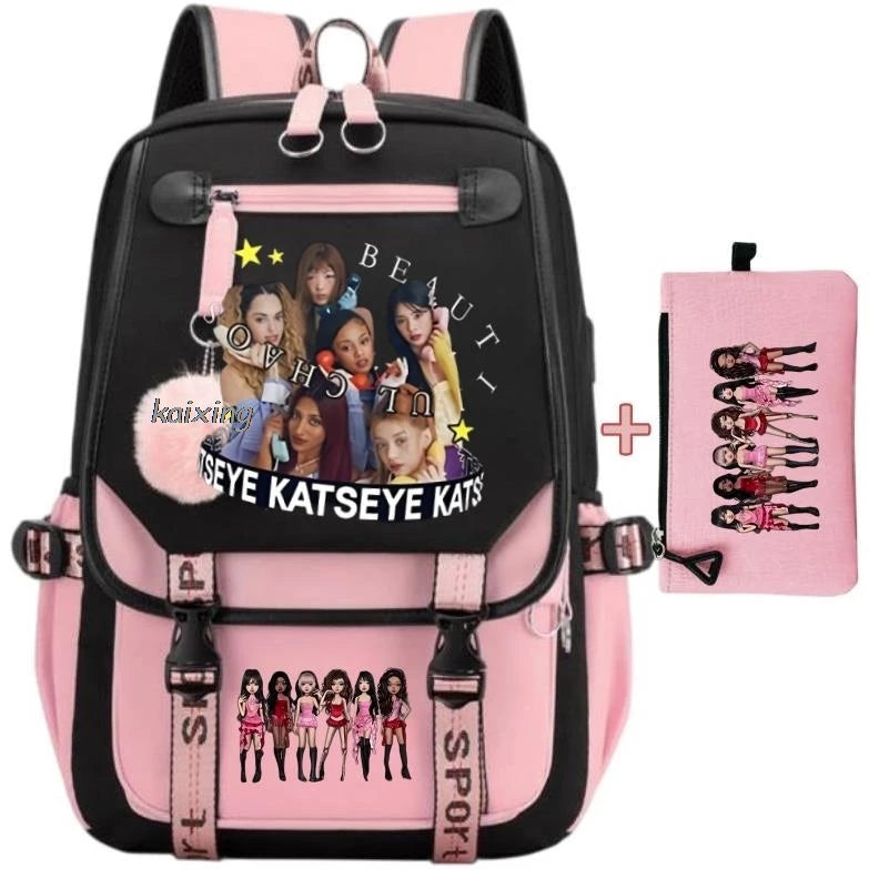 Pink and black canvas backpack featuring a funny print of girls with long hair