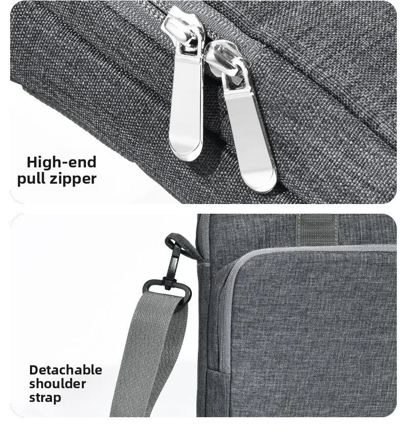 Gros plan sur une housse d'ordinateur portable en tissu gris, montrant une fermeture éclair de haute qualité et une sangle d'