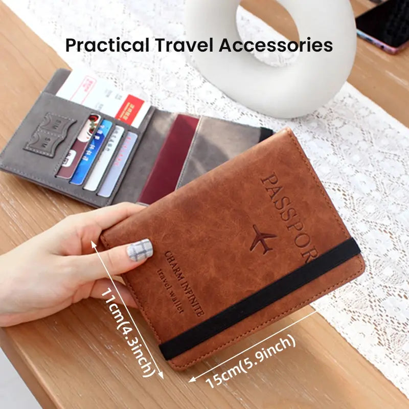 A brown leather passport holder with a flap and stitching is shown next to various travel accessories on a wooden surface.