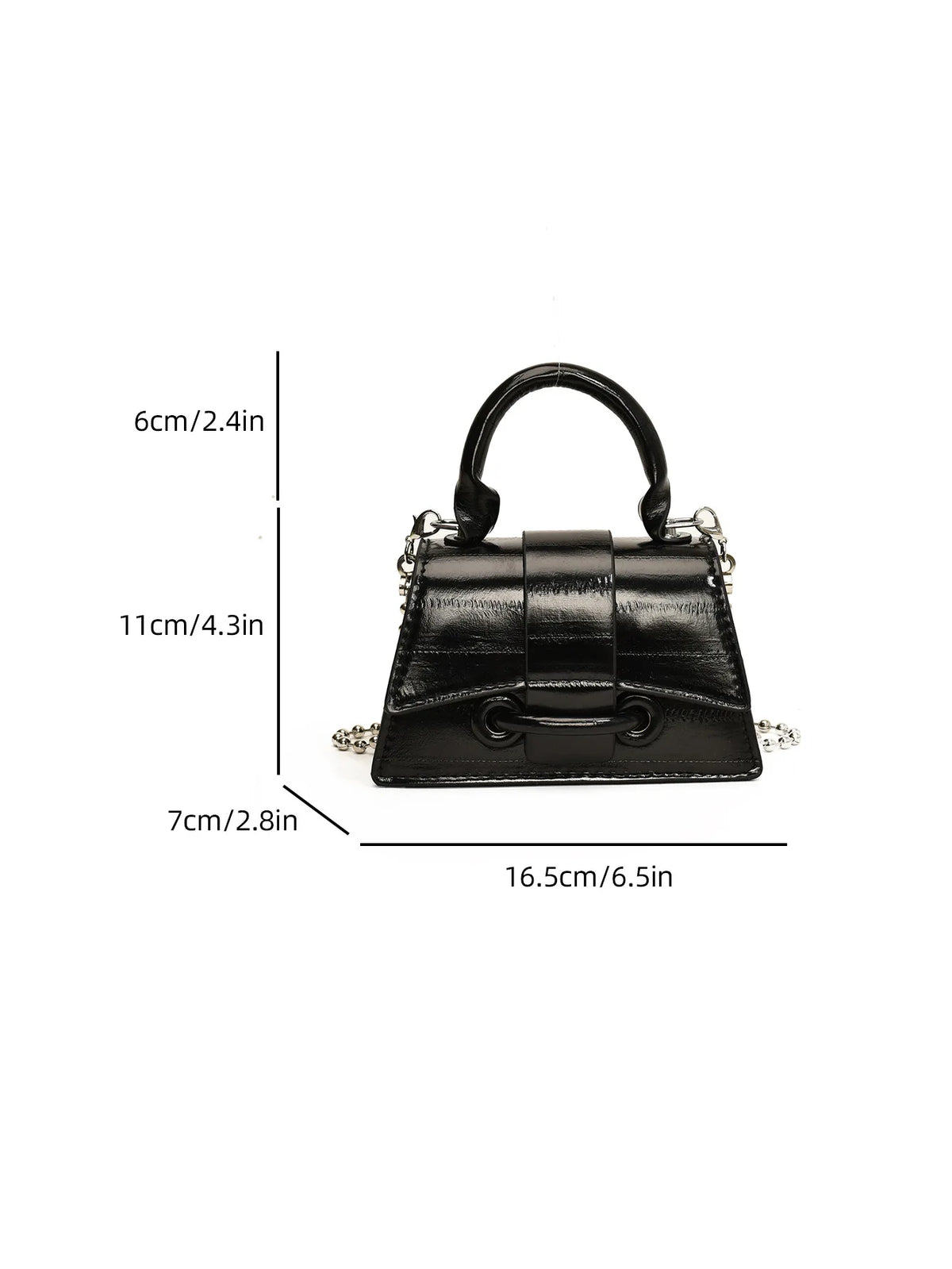 Black elegant square crossbody bag with a chain strap shown with dimensions.