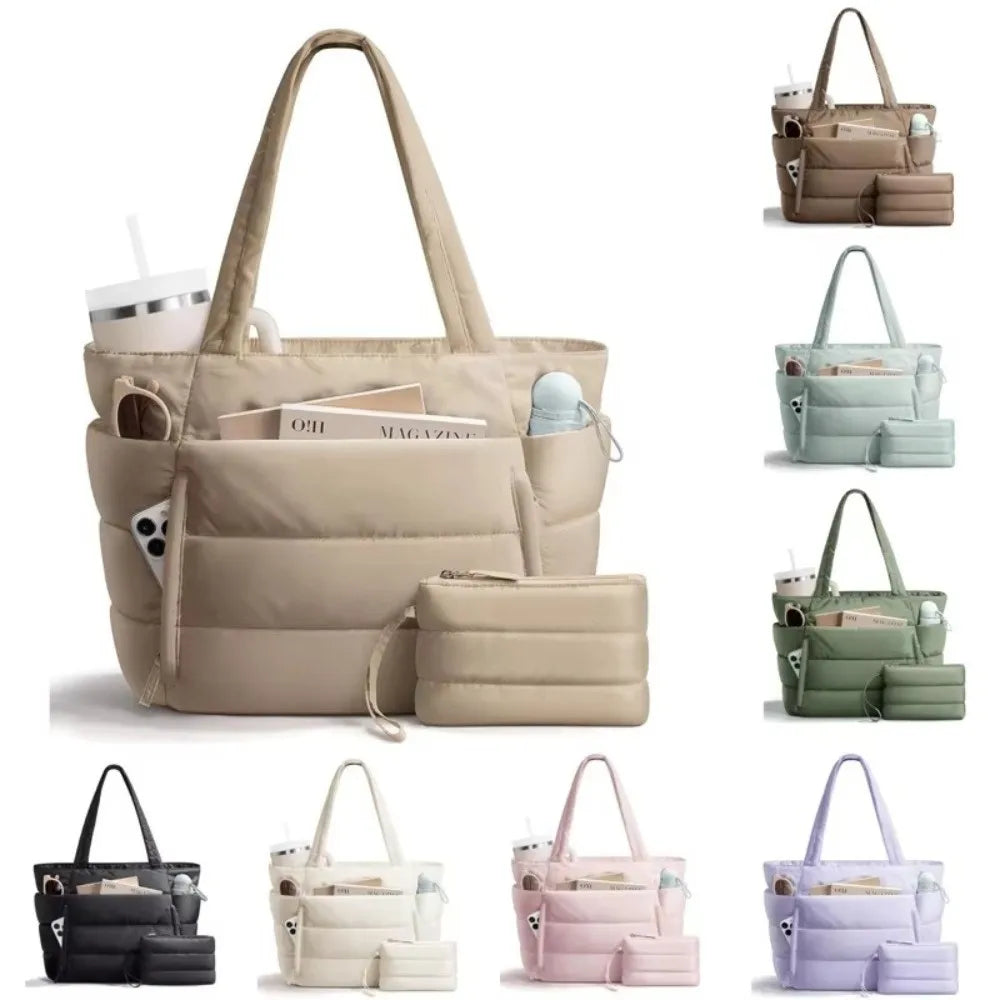 A collection of quilted beige, mint green, and pink puffer tote bags and pouches.