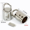 Silver metal cord lock buckles showing dimensions and a screw for metal cord locks