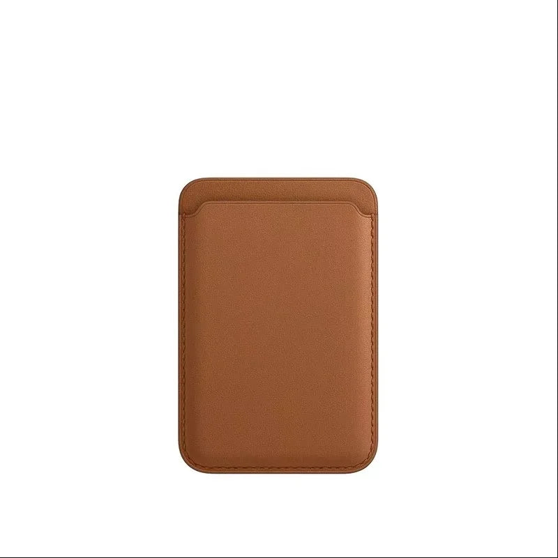 A brown leather wallet case designed for MagSafe compatibility.