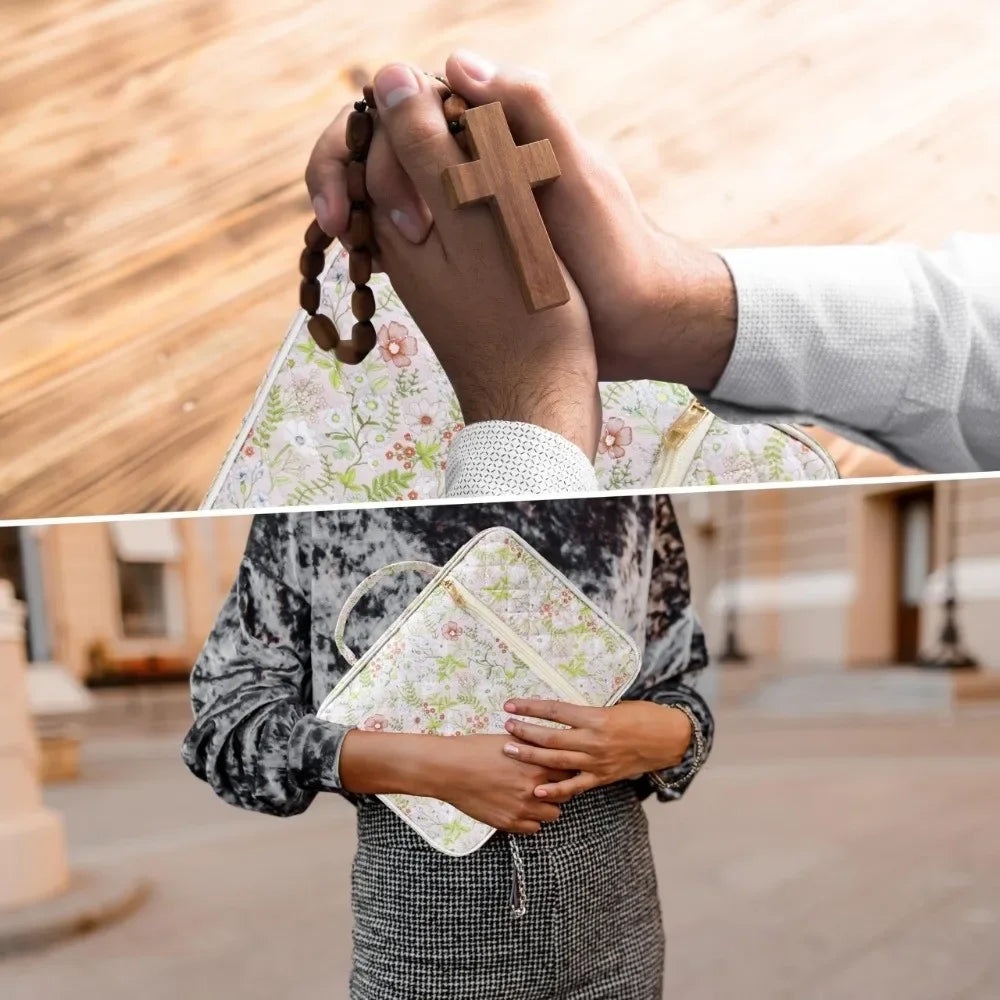 A person holds a quilted floral bible cover with a pen holder while another person holds a wooden cross.