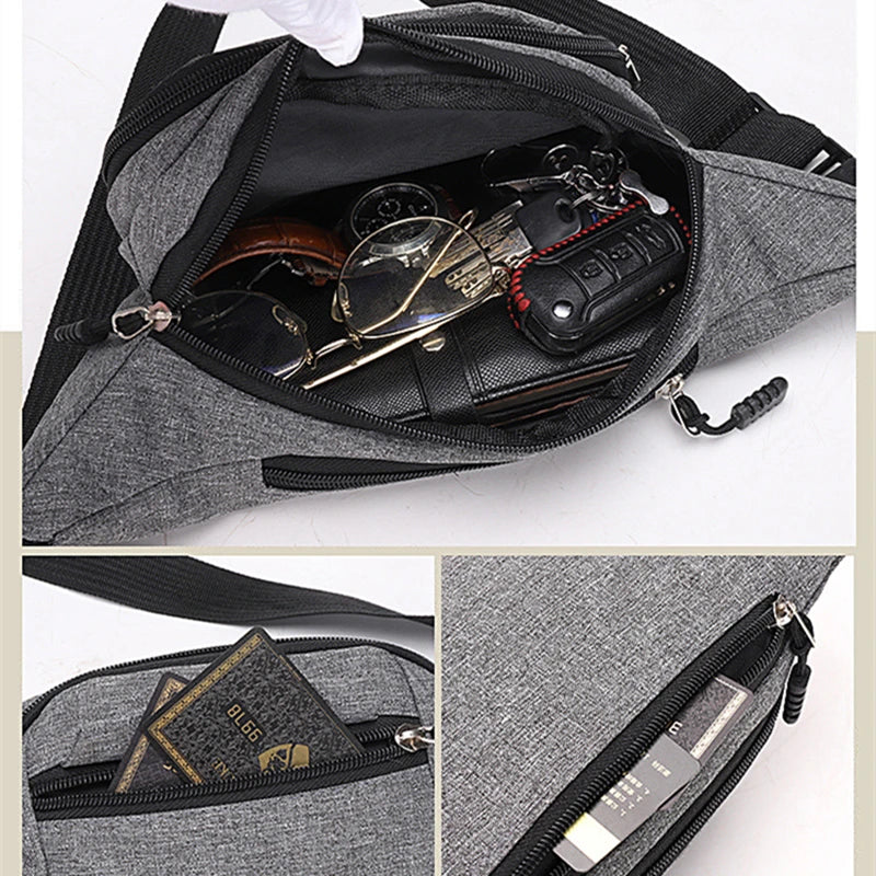 A gray canvas waist fanny bag is shown open, displaying various accessories inside.