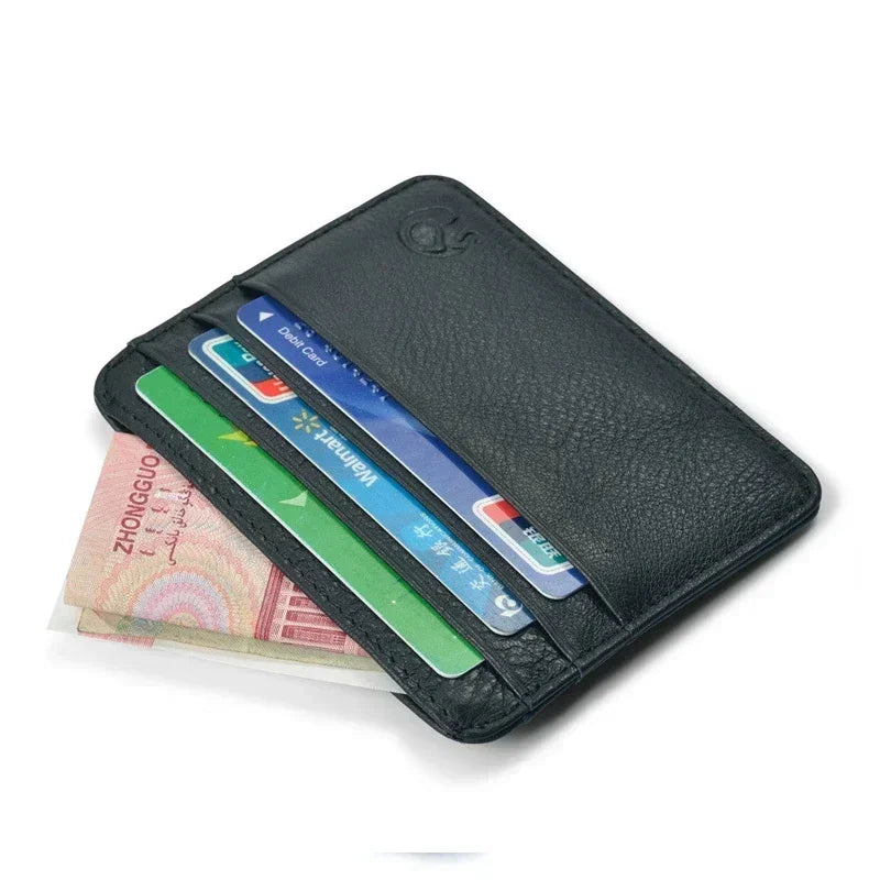Black genuine leather slim card holder wallet with multiple slots for cards and cash
