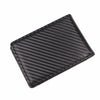 Cartera delgada de cuero tejido negro con patrón diagonal.