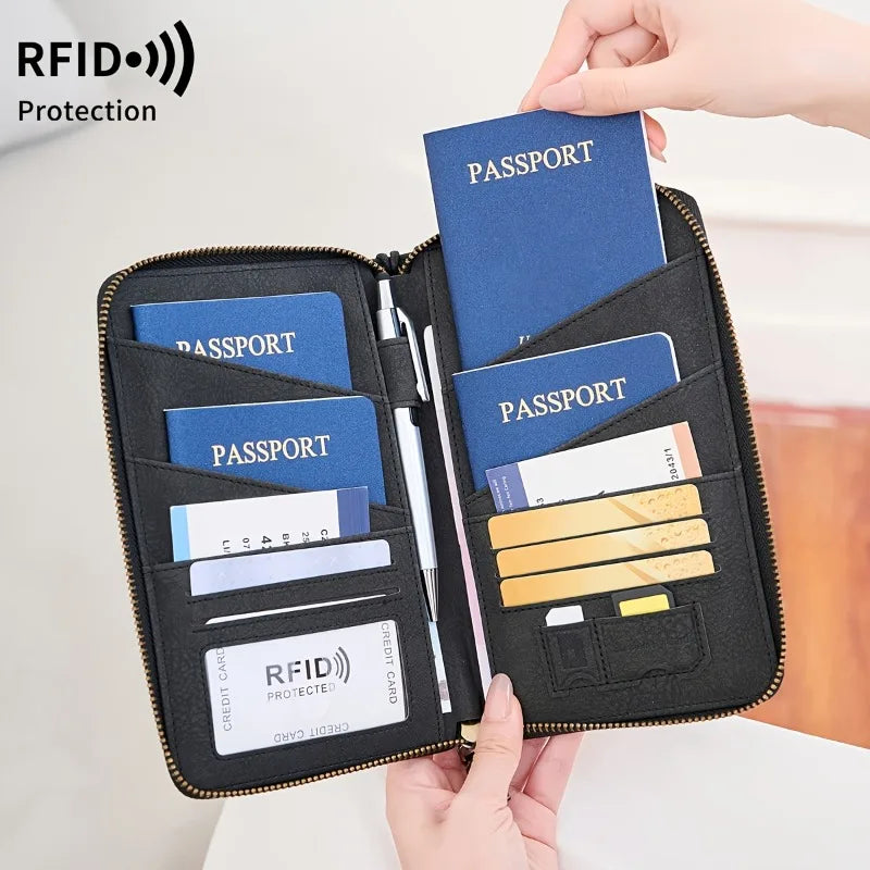 A black passport wallet is shown open, displaying several passports and credit cards, with a hand holding the item.