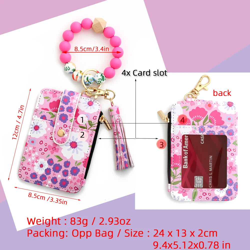 Pink silicone bead PU leather key chain wallet with a card slot and gold clasp