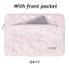 A light pink floral laptop sleeve with a front pocket, designed for a MacBook Pro.