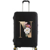 Black premium elastic luggage protective cover with gold initial N and floral accents