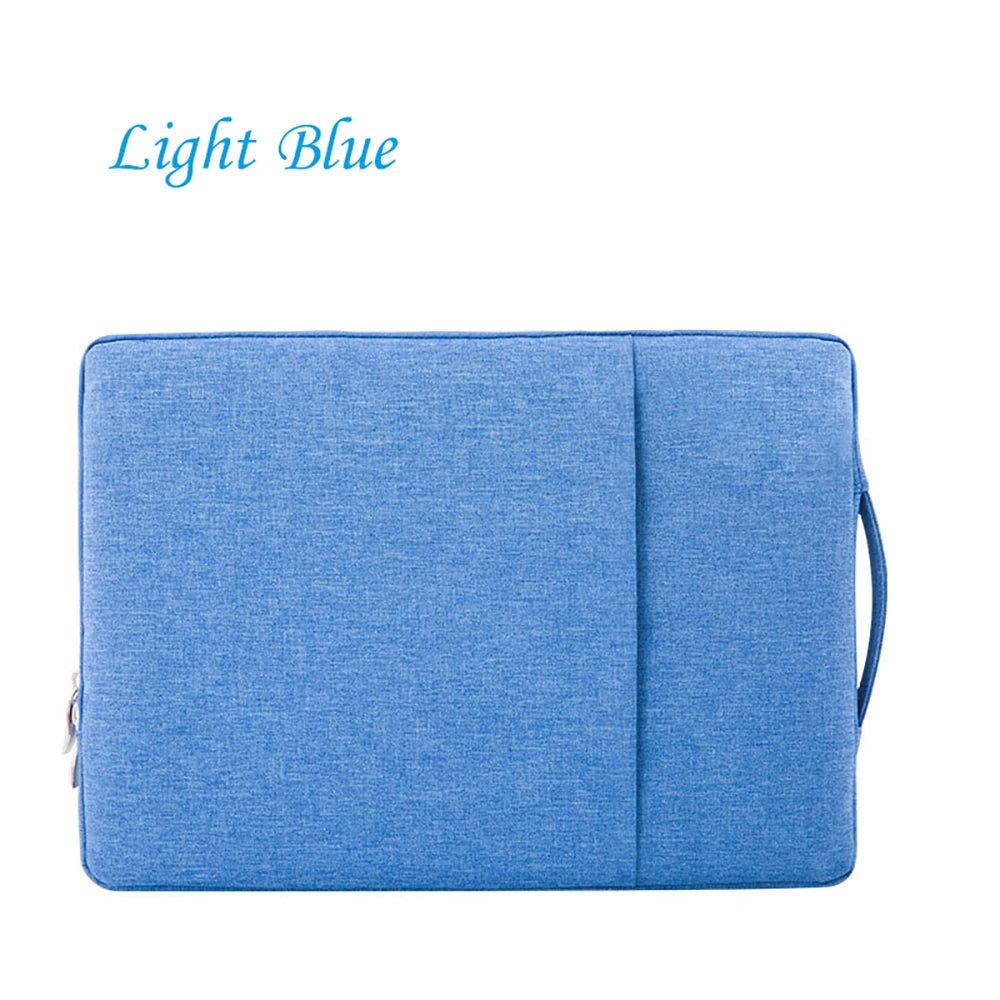 Light blue laptop sleeve for Apple and PC devices.