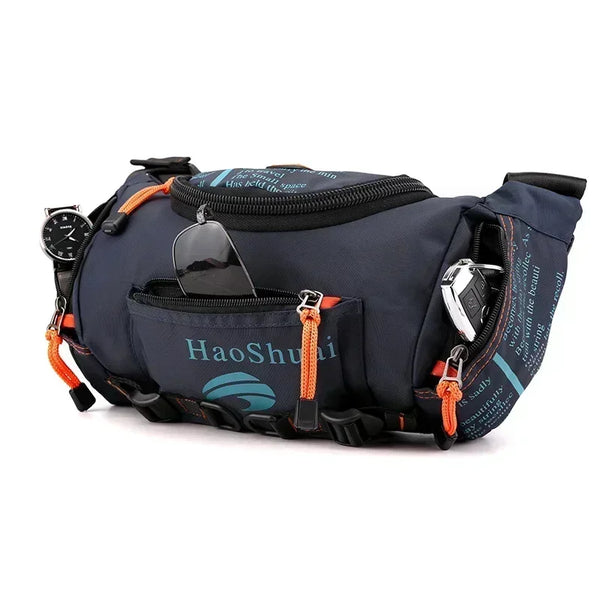 Dunkelblaue taktische Brusttasche mit mehreren Fächern und orangefarbenen Akzenten für Outdoor-Ausrüstung.