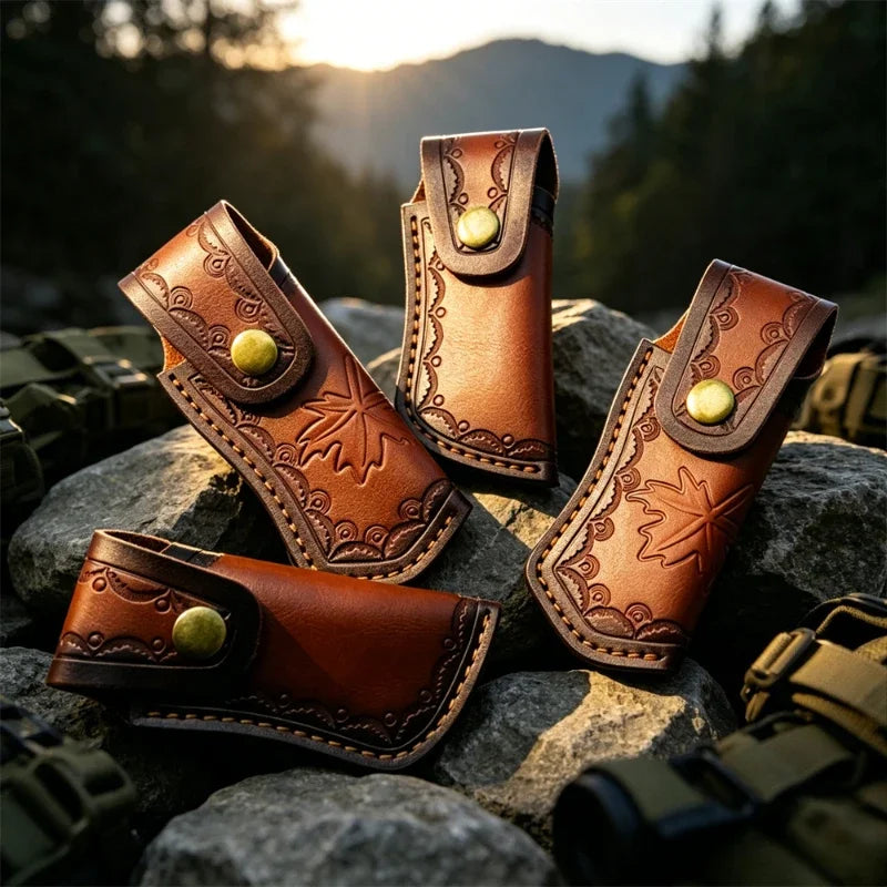 A close-up of a brown leather knife sheath with a belt loop and brass button resting on dark rocks.