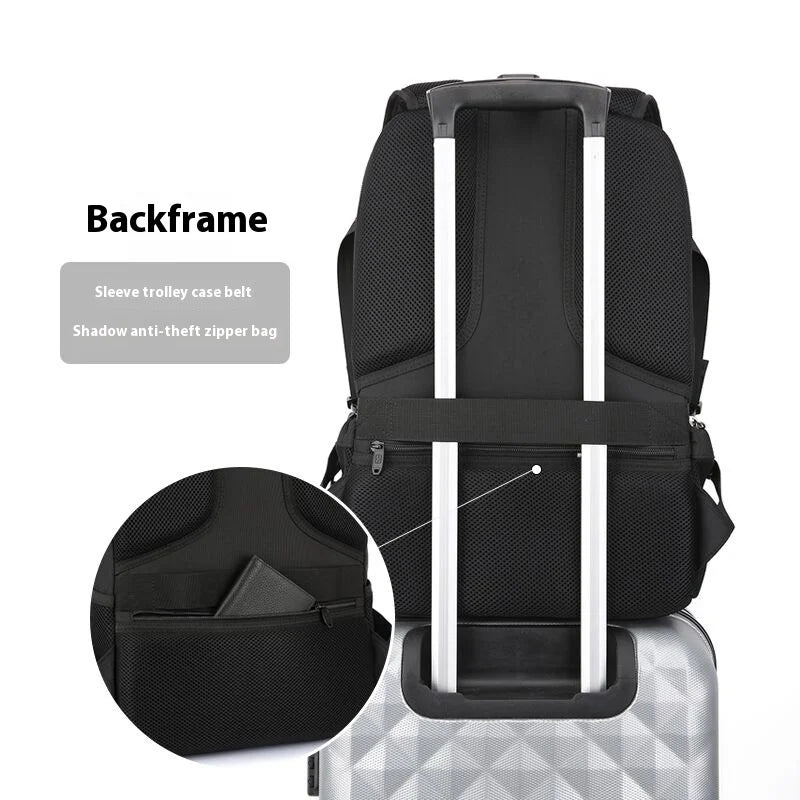 Sac à dos d'ordinateur portable anti-vol noir suisse, présenté sur une surface grise à motifs.